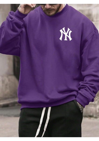 Erkek Ny Ön Arka Baskılı Oversize Bisiklet Yaka Sweatshirt