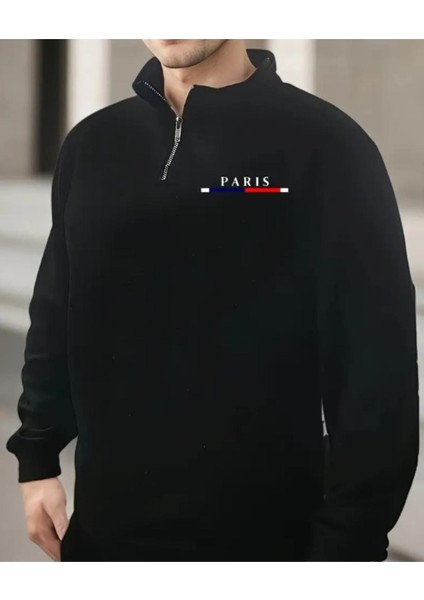 Erkek Siyah Paris Baskılı Yarım Fermuarlı Oversize Sweatshirt