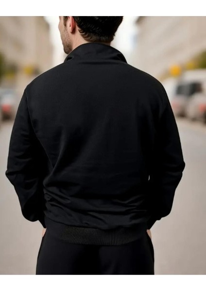 Erkek Siyah Paris Baskılı Yarım Fermuarlı Oversize Sweatshirt