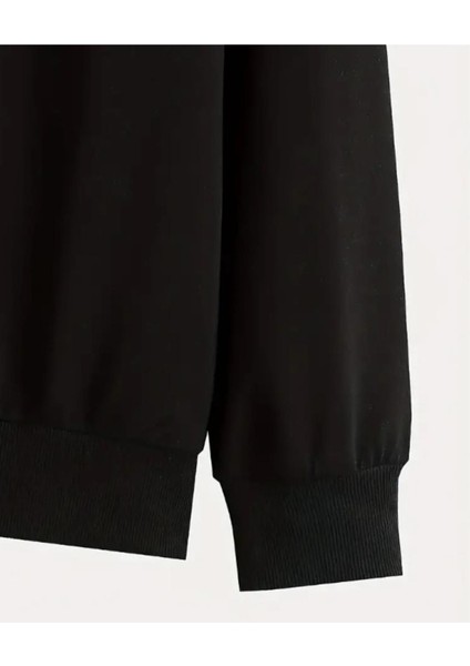 Erkek Siyah Paris Baskılı Yarım Fermuarlı Oversize Sweatshirt