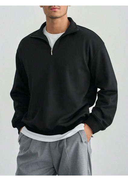 Erkek Bej Yarım Fermuarlı Oversize Polo Yaka Sweatshirt