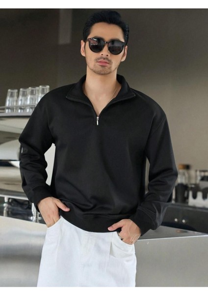 Erkek Bej Yarım Fermuarlı Oversize Polo Yaka Sweatshirt fırsatları