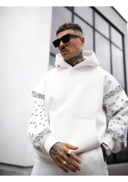 Erkek Kahverengi Kol Desenli Oversize Kapşonlu Sweatshirt