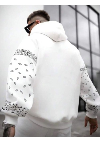 Erkek Kahverengi Kol Desenli Oversize Kapşonlu Sweatshirt