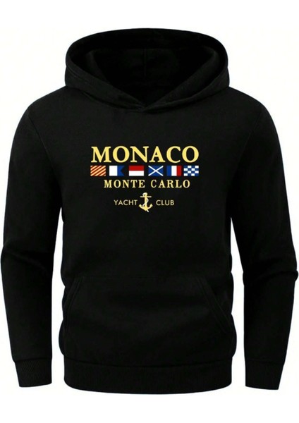 Erkek Siyah Monaco Baskılı Oversize Kapşonlu Sweatshirt