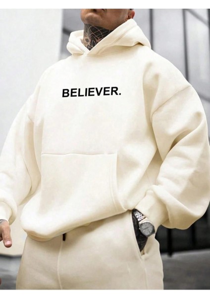 Erkek Believer Baskılı Oversize Kapşonlu Sweatshirt