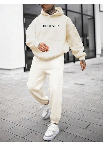 Erkek Believer Baskılı Oversize Kapşonlu Sweatshirt