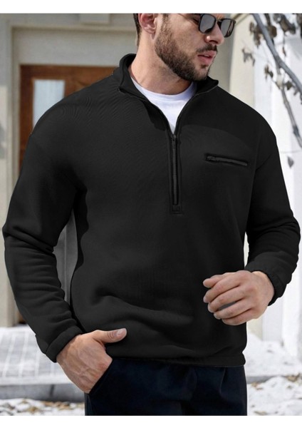 Erkek Göğüs Fermuarlı Oversize Polo Yaka Sweatshirt