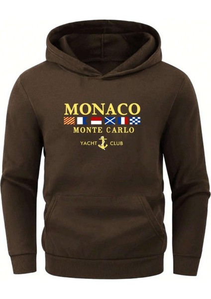 Erkek Kahverengi Monaco Baskılı Oversize Kapşonlu Sweatshirt