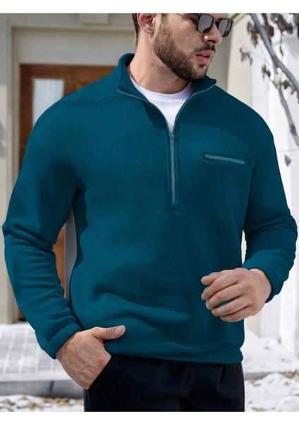 Erkek Göğüs Fermuarlı Oversize Polo Yaka Sweatshirt