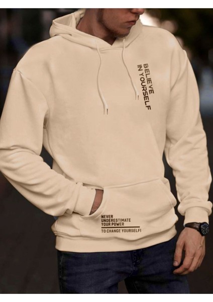 Erkek Believe Baskılı Oversize Kapşonlu Sweatshirt