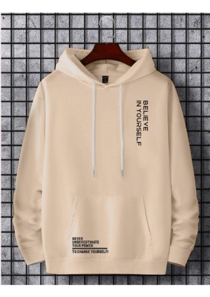 Erkek Believe Baskılı Oversize Kapşonlu Sweatshirt