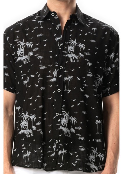 Kısa Kol Pamuklu Baskılı Erkek Yazlık Gömlek Siyah Syh modelleri