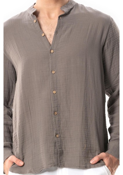 Uzun Kol Hakim Yaka Yazlık Müslin Gömlek Vizon Vzn modelleri