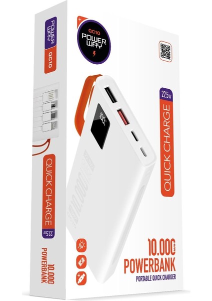 10.000 Mah Pd 22.5W Dahili Kablolu Hızlı Şarj LED Fener Gerçek 10.000 Mah QC10 Beyaz Powerbank