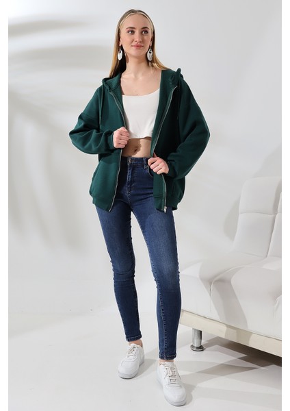 Şardonlu Fermuarlı Kapüşonlu Oversize Sweatshirt 21618 Koyu Yeşil