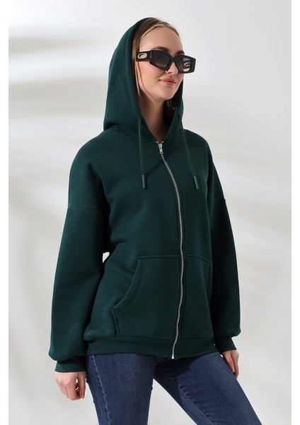 Şardonlu Fermuarlı Kapüşonlu Oversize Sweatshirt 21618 Koyu Yeşil fiyatları
