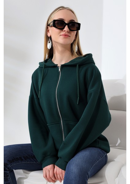 Şardonlu Fermuarlı Kapüşonlu Oversize Sweatshirt 21618 Koyu Yeşil modelleri
