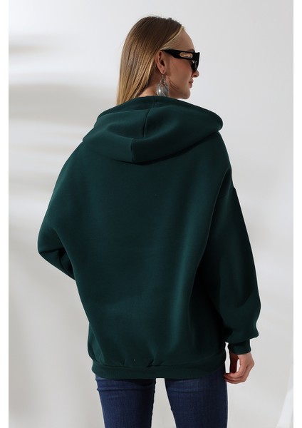 Şardonlu Fermuarlı Kapüşonlu Oversize Sweatshirt 21618 Koyu Yeşil fırsatları