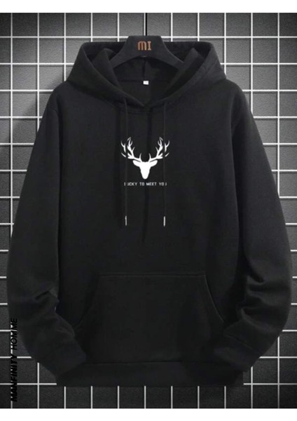 Erkek Siyah Geyik Baskı Kapüşonlu Sweatshirt