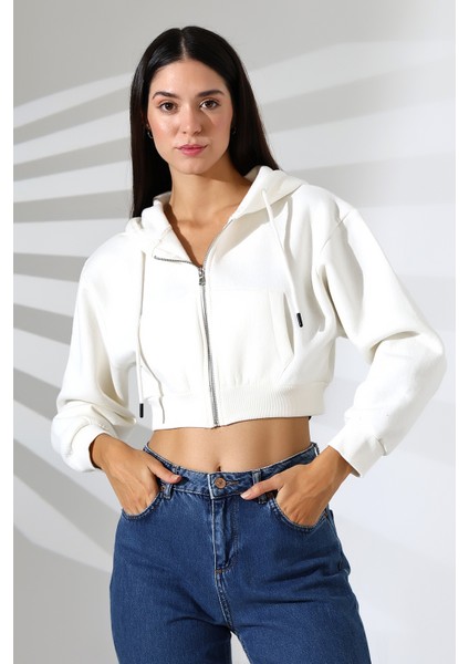 Kapüşonlu Şardonlu Fermuarlı Crop Geniş Kalıp Sweatshirt 21652 Ekru
