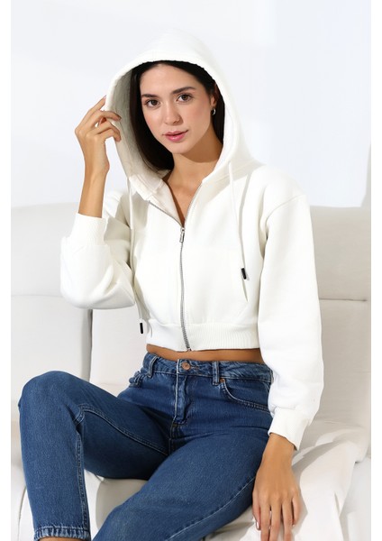 Kapüşonlu Şardonlu Fermuarlı Crop Geniş Kalıp Sweatshirt 21652 Ekru fiyatları