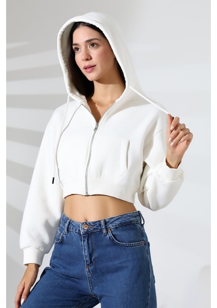 Kapüşonlu Şardonlu Fermuarlı Crop Geniş Kalıp Sweatshirt 21652 Ekru modelleri