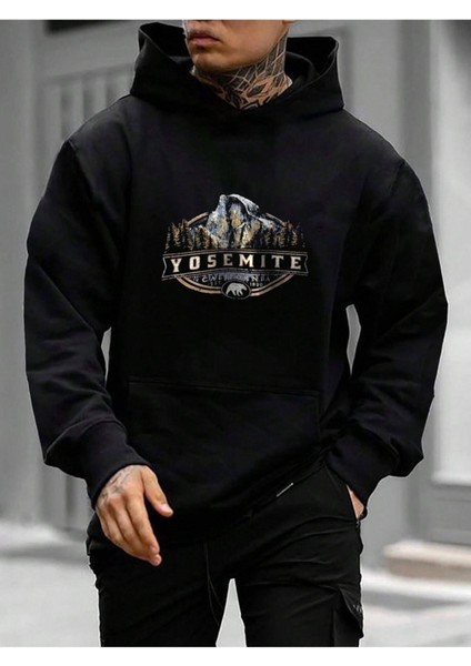Erkek Siyah Yosemite Baskılı Kapüşonlu Sweatshirt