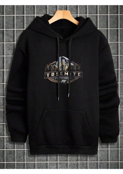 Erkek Siyah Yosemite Baskılı Kapüşonlu Sweatshirt