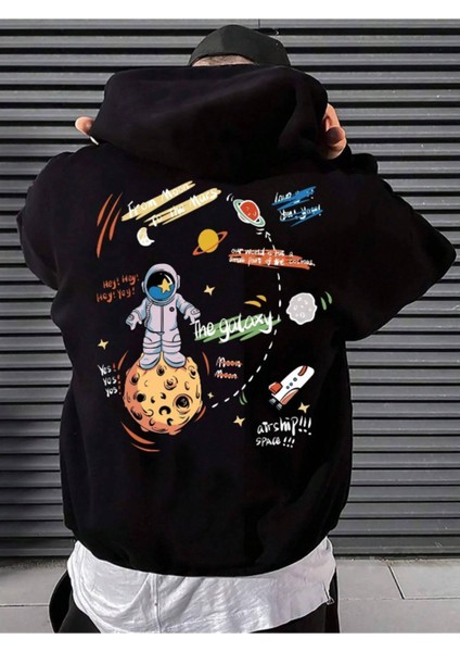 Erkek Siyah Sırt Uzay Baskılı Oversize Kapşonlu Sweatshirt