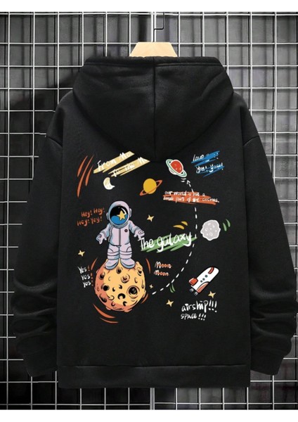 Erkek Siyah Sırt Uzay Baskılı Oversize Kapşonlu Sweatshirt modelleri