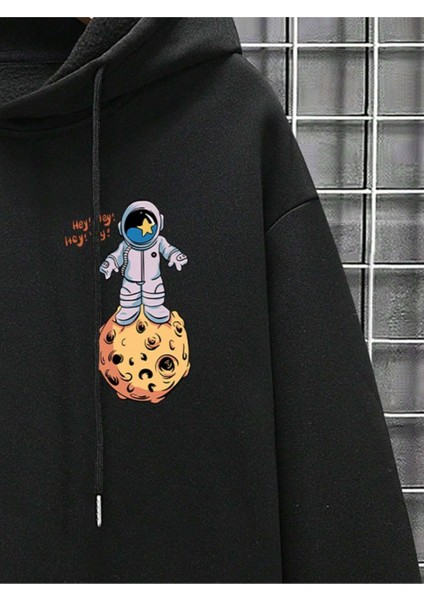 Erkek Siyah Sırt Uzay Baskılı Oversize Kapşonlu Sweatshirt fırsatları