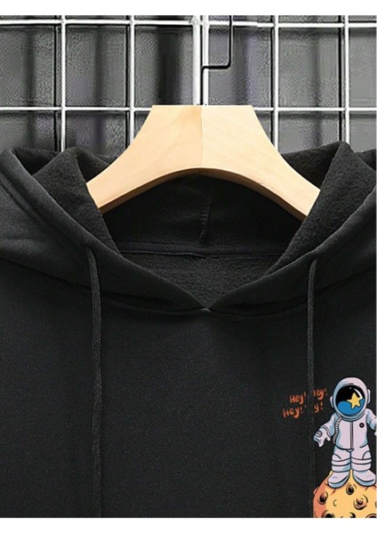 Erkek Siyah Sırt Uzay Baskılı Oversize Kapşonlu Sweatshirt indirimleri