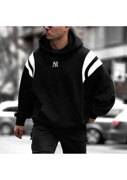 Erkek Siyah Omuz Şeritli Ny Baskılı Oversize Kapşonlu Sweatshirt
