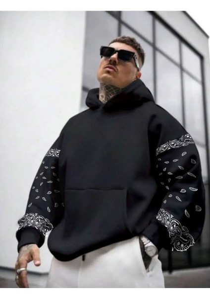 Erkek Kahverengi Kol Desenli Oversize Kapşonlu Sweatshirt