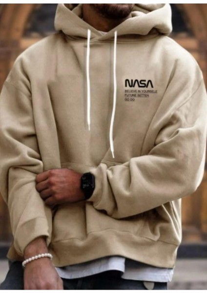 Erkek Bej Nasa Yazı Detay Baskılı Oversize Sweatshirt