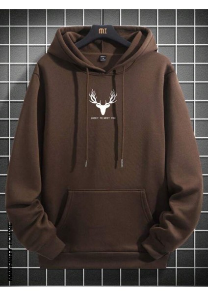 Erkek Kahverengi Geyik Baskı Kapüşonlu Sweatshirt fiyatları