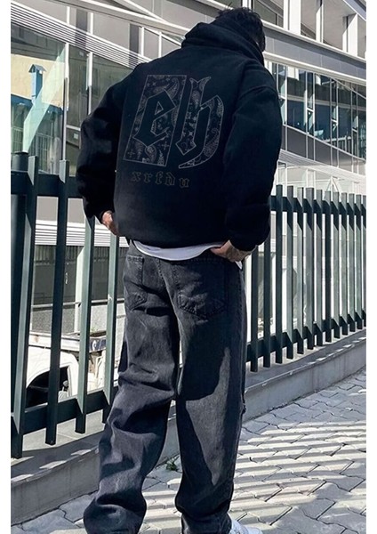 Erkek Siyah Eh Sırt Baskılı Oversize Kapşonlu Sweatshirt