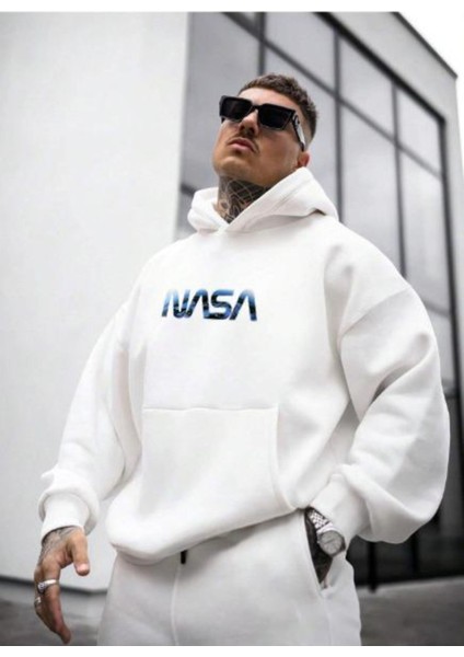 Erkek Beyaz Nasa Baskılı Kapüşonlu Sweatshirt