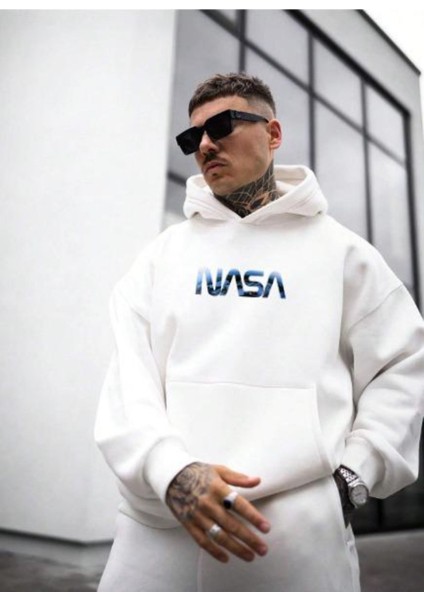 Erkek Beyaz Nasa Baskılı Kapüşonlu Sweatshirt