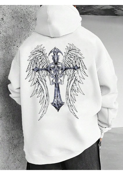 Erkek Beyaz Sırt Hac Baskılı Kapüşonlu Sweatshirt