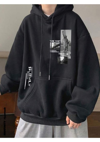 Erkek Siyah Slowly Baskı Kapüşonlu Sweatshirt