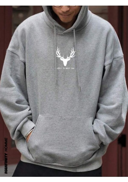 Erkek Gri Geyik Baskı Kapüşonlu Sweatshirt