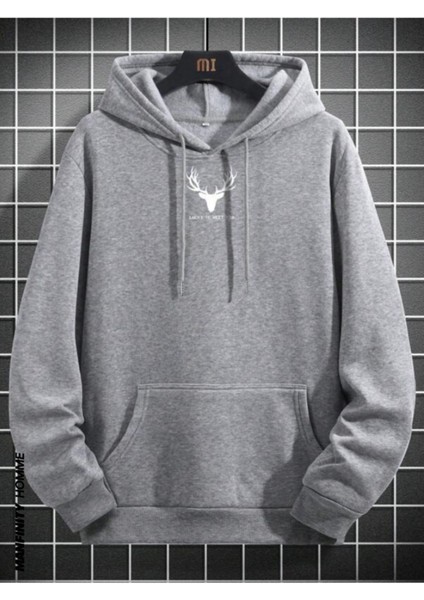Erkek Gri Geyik Baskı Kapüşonlu Sweatshirt