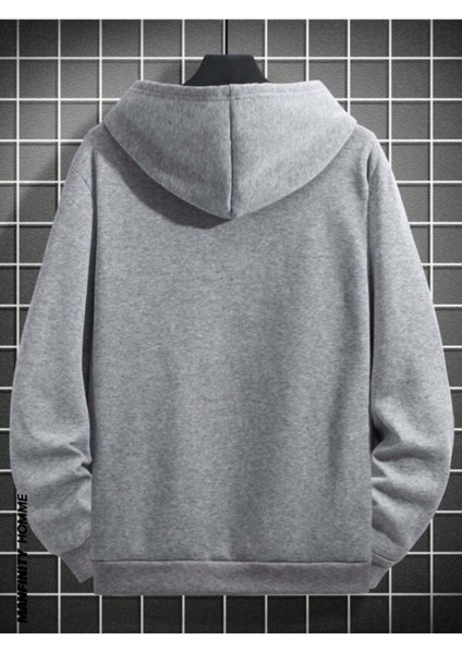 Erkek Gri Geyik Baskı Kapüşonlu Sweatshirt