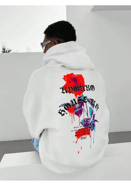 Erkek Beyaz Sırt Gül Baskılı Kapüşonlu Sweatshirt
