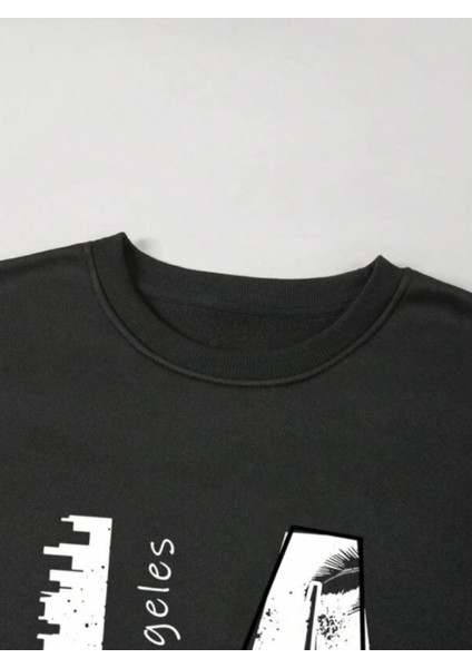 Erkek Siyah La Baskı Bisiklet Yaka Sweatshirt modelleri