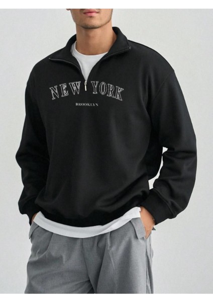 Erkek Siyah New York Baskılı Yarım Fermuarlı Oversize Polo Yaka Sweatshirt