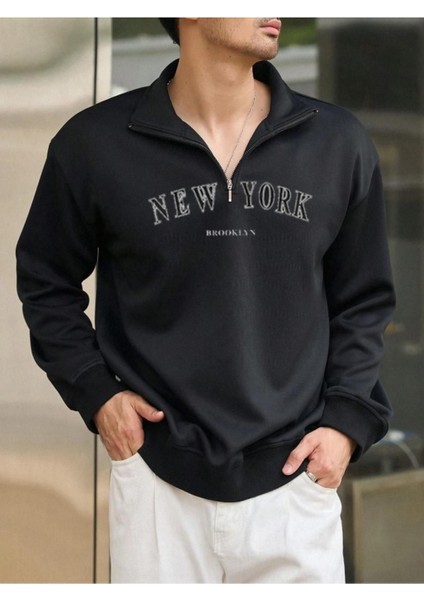 Erkek Siyah New York Baskılı Yarım Fermuarlı Oversize Polo Yaka Sweatshirt fırsatları