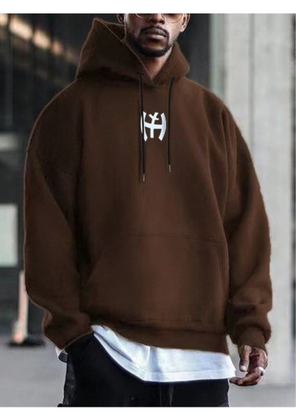 Erkek Kahverengi Y Logo Baskılı Kapüşonlu Sweatshirt